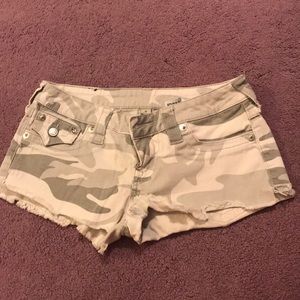 True Religion white and grey camo denim shorts